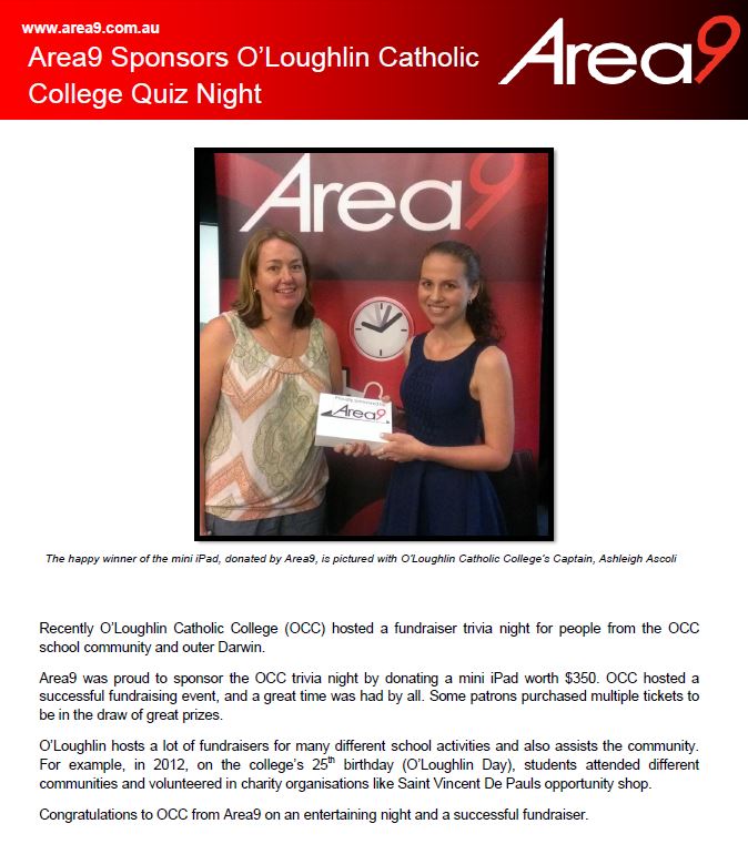 Area9 Sponsors O'Loughlin Catholic College Quiz Night