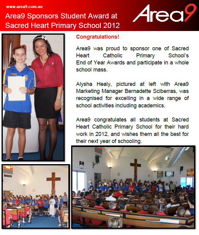 Area9 Sponsors Student Award at Sacred Heart Primary School 2012